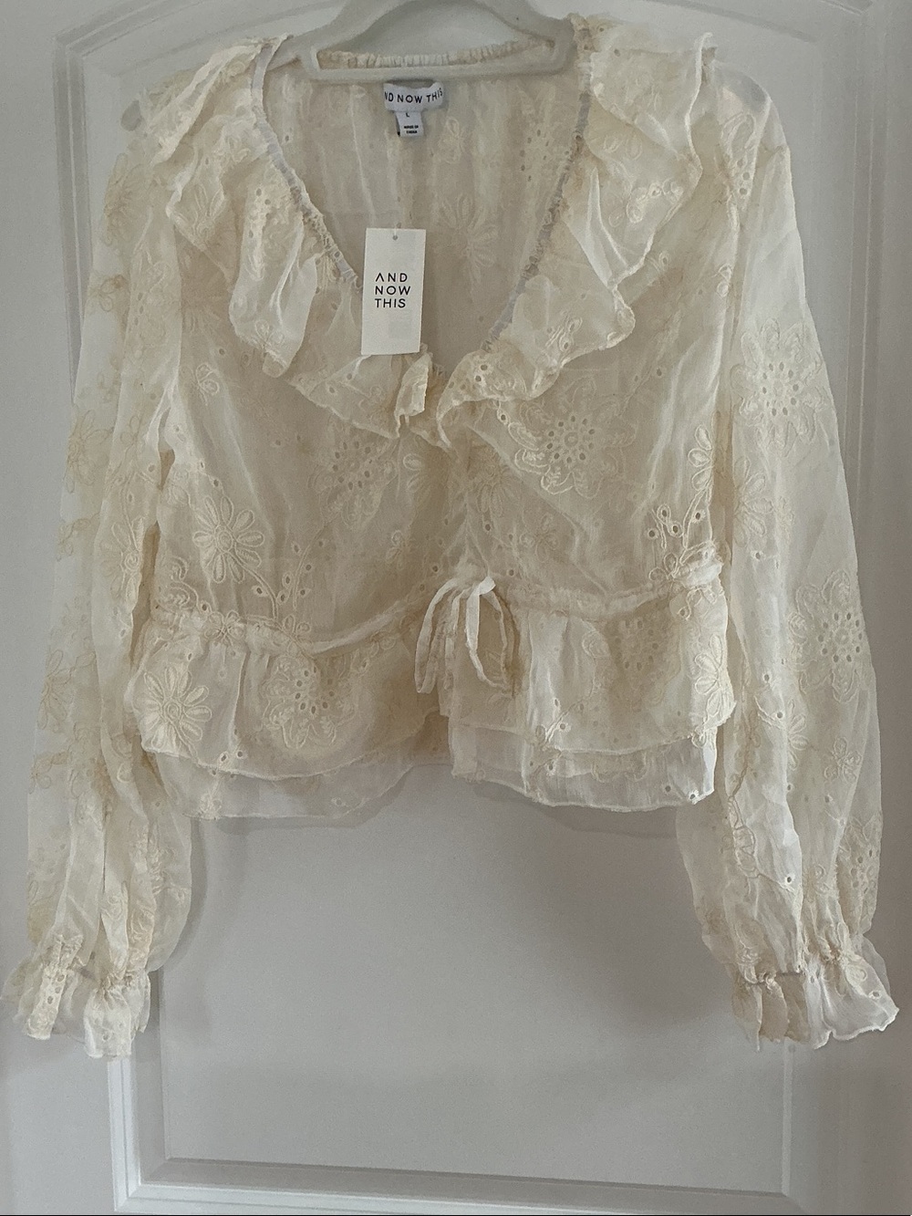 And Now This Cream Eyelet Ruffle Tie-Front Waist Blouse